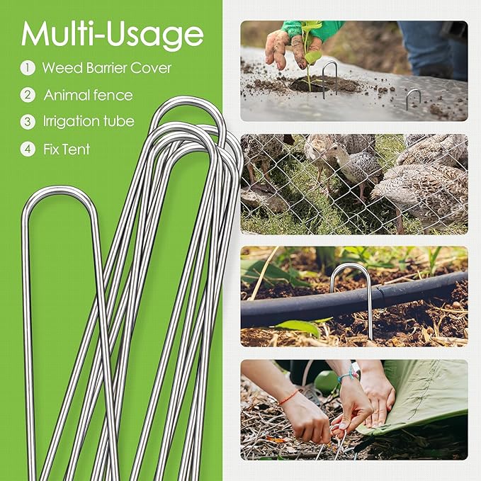 FAAYUCK 12 Inch Landscape Staples, 100 Pack Galvanized Landscape Stakes Heavy Duty 8 Gauge U-Shaped Garden Stakes, Ground Stakes for Weed Barrier Fabric, Irrigation Tubing, Fence, Outdoor Decorations