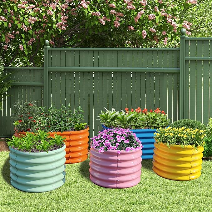 A ANLEOLIFE 5-Pack 18in Tall Kids Mini Raised Garden Beds Outdoor, 40x24in Oval & 24x24in Round Galvanized Metal Planter Box for Planting Vegetables, Flowers, Fruits, Eco-Safe & Easy Setup
