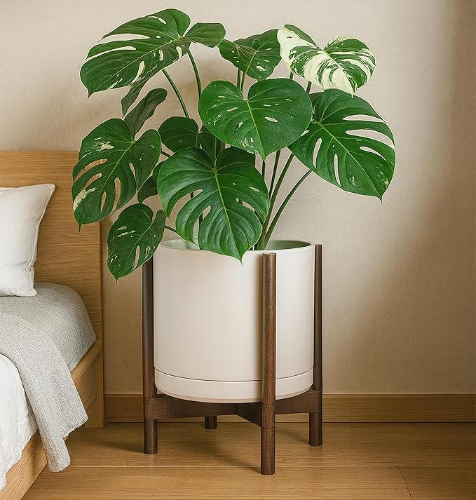 D'vine Dev Ceramic Planter with Walnut Color Stand - 14 Inch Modern Round Flower Pot with Wood Planter Holder, Oatmeal, 55-B-T-8