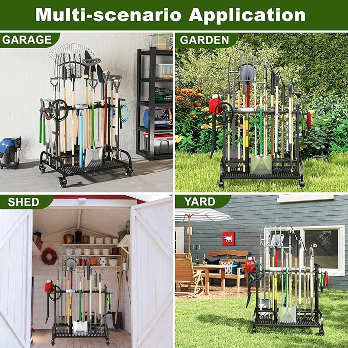 YAGEANNL Garden Tool Organizer with Wheels, Large Capacity Garage Tool Rack with Hooks, for Broom, Shovel, Long Handled Tools, Metal Yard Tool Organizer for Garage, Shed, Outdoor