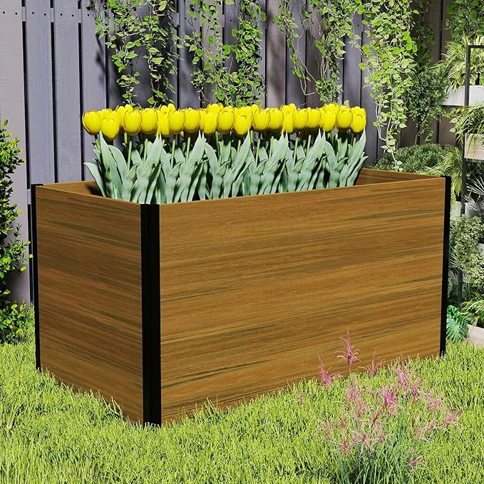 Raised Garden Bed - Expandable Design with Composite Panels & Aluminum Frame - Perfect for Flowers, Vegetables, Herbs - Outdoor Planter Cuboid Box for Patio, Balcony, Backyard (Brown)