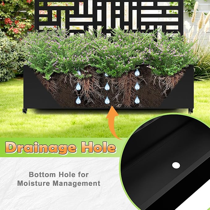 Metal Raised Garden Bed with Trellis, 2-in-1 Planter Box & Privacy Screen for Climbing Plants, Outdoor Standing Flower Bed with Drainage Holes, 47.2" L x 16.7" W x 70.8" H, Black-Helen