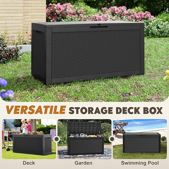 NBYSGO Outdoor Storage Box, Resin Deck Boxes Indoor and outdoor, Waterproof Storage Box Lockable Lid (Black, 110 Gallon)