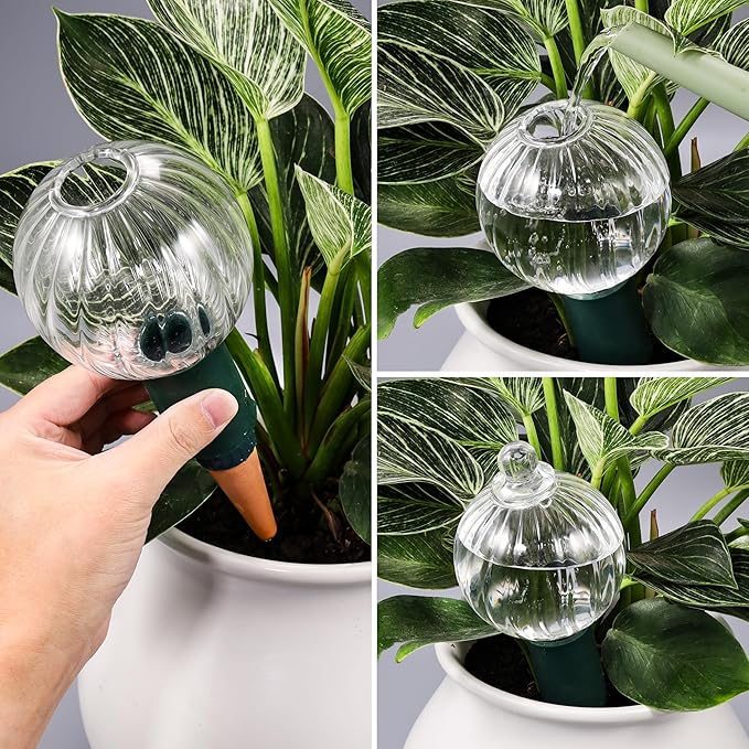 12 oz Plant Watering Globes Top Fill, Clear Glass Water Bulbs with Terracotta Spikes Stake, Vacation Slow Release Self Watering Planter Insert, Automatic Drip Device, 2 Pack