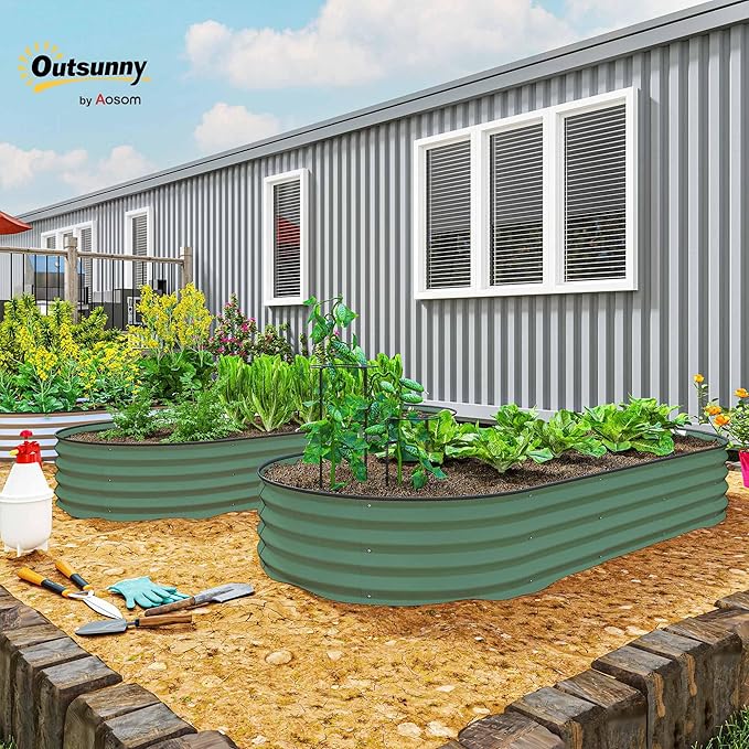 Outsunny 2PCS Galvanized Raised Garden Bed, 7' x 3' x 1' Raised Beds for Gardening with Plant Support Stakes, Rubber Strap Edging and Gloves, Metal Planter Box for Vegetables, Flowers, Green