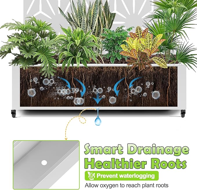 15.7"×70.9"×47.2" Metal Raised Garden Bed with Trellis and Wheels - Tall Trellis Planter Box for Climbing Plants, Vegetables & Vines - Outdoor Privacy Planters for Patio (White-Star)