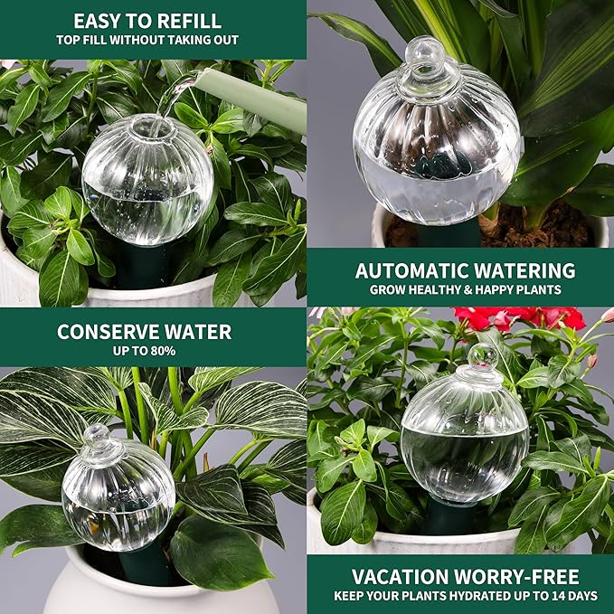 12 oz Plant Watering Globes Top Fill, Clear Glass Water Bulbs with Terracotta Spikes Stake, Vacation Slow Release Self Watering Planter Insert, Automatic Drip Device, 1 Pack