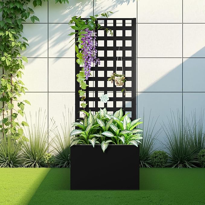 Metal Raised Garden Bed with Trellis, 2 in 1 Trellis with Planter Box & Privacy Screen for Climbing Plants, Vine, Outdoor Standing Flower Beds with Drainage Holes, 23.6" L x 11.8" W x 63" H, Black
