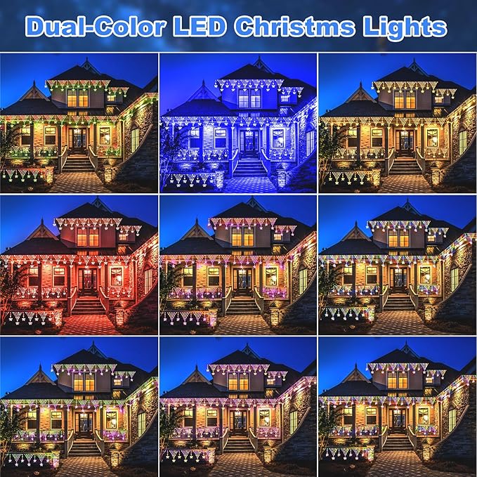 Outdoor Christmas Decorations Lights 13.8ft 200 LED Christmas Lights with 12 Stars,Dimmable Curtain Fairy Light with 8 Modes for Wedding Party Holiday Christmas Decor(RGB)