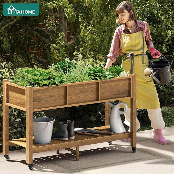 YITAHOME Raised Garden Bed, 47x18x31 Inch HIPS Poly-Wood Weather-Resistant Elevated Planter Box with Legs for Vegetable Flower, Brown