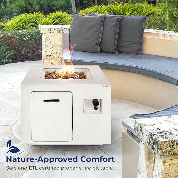 SereneLife 40,000 BTU Propane Fire Pit Table, Square Outdoor Propane Fire Pit with Stainless Steel Burner, Adjustable Flame, Weather-Resistant Design, ETL Certified with Cover, 30 x 30 x 23.6 Inches