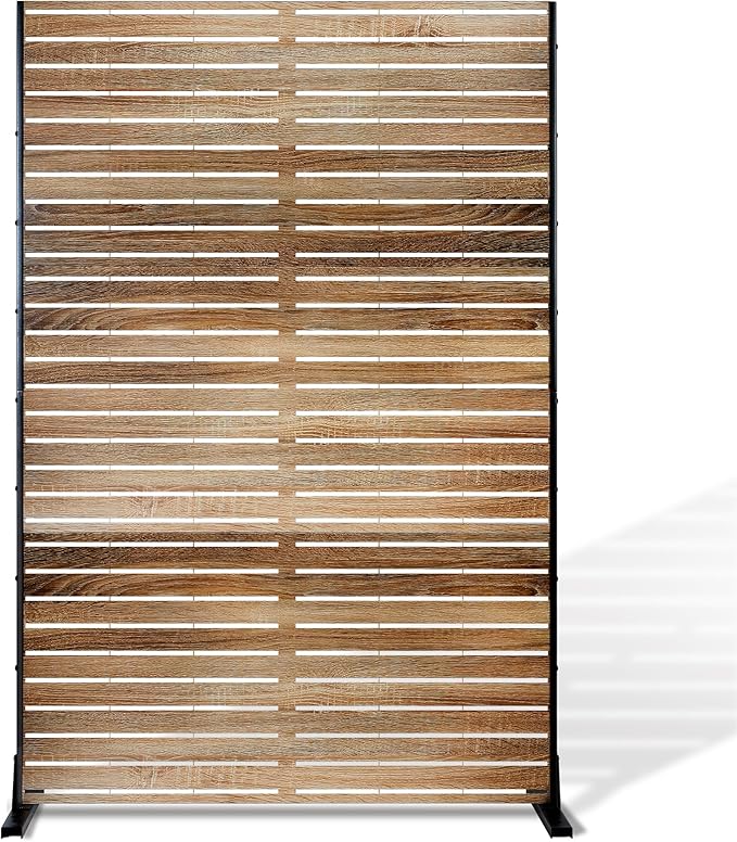 FENCY Metal Privacy Screen 72" H×47" W Natural Wood Color Outdoor Privacy Screen, Freestanding Decorative Privacy Fence Panels for Deck Balcony Patio