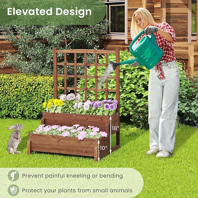 Byroce Outdoor Raised Garden Bed, Garden Planter Box with Lattice Trellis, Legs & Drainage Hole, 2-Tier Standing Elevated Planter for Flower, Fruit, Vegetable & Climbing Plants in Patio, Balcony (1)