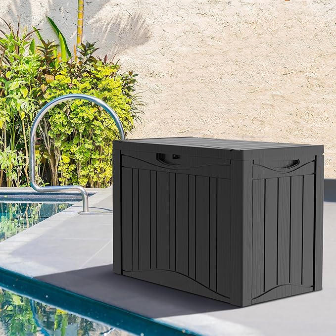 Mersco 45 Gallon Double-Wall Resin Deck Box - Lockable Waterproof Outdoor Storage Box, 515bs Capacity & Doubles as Seating for Patio Furniture - Garden Tools, Pool Accessories (Black)