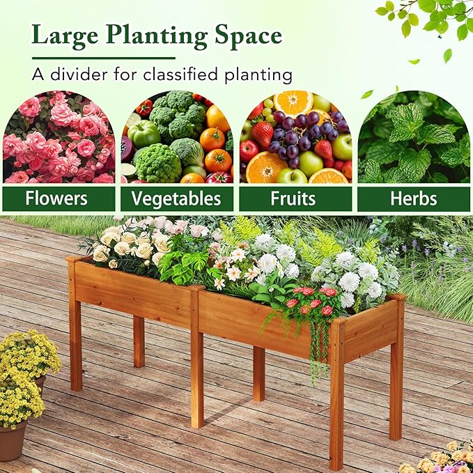 Raised Garden Bed with Legs, Elevated Planter Box with Divider & 8 Drainage Holes, Fir Wood Garden Box for Vegetables, Flowers, Fruits & Herbs (Brown Yellow)