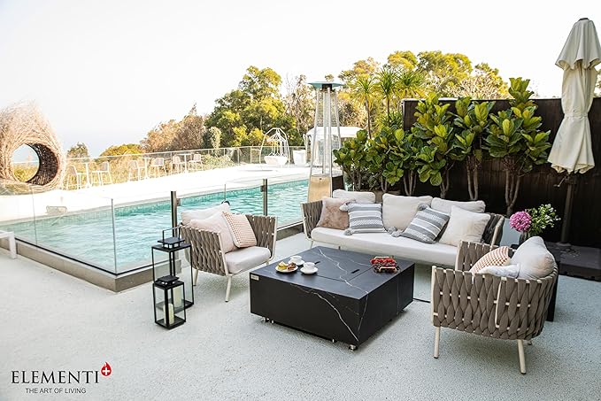 Elementi+ | Bundle Sofia Gas Fire Pit | Marble Porcelain & Metal Frame | 40" Square Fire Table | Electronic Ignition | Canvas Cover, Fire Glass & Burner Lid Included | Black | Natural Gas