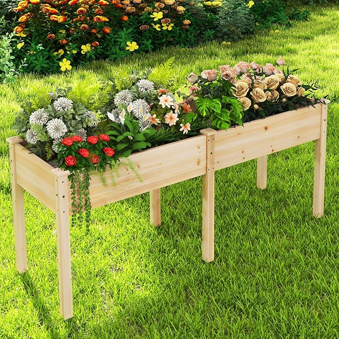Raised Garden Bed with Legs, Elevated Planter Box with Divider & 8 Drainage Holes, Fir Wood Garden Box for Vegetables, Flowers, Fruits & Herbs (Natural)