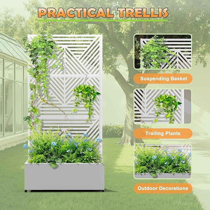 Metal Raised Garden Bed with Trellis, 2-in-1 Planter Box & Privacy Screen for Climbing Plants, Outdoor Standing Flower Bed with Drainage Holes, 35.4" L x 15.7" W x 70.1" H, White-Zodiac