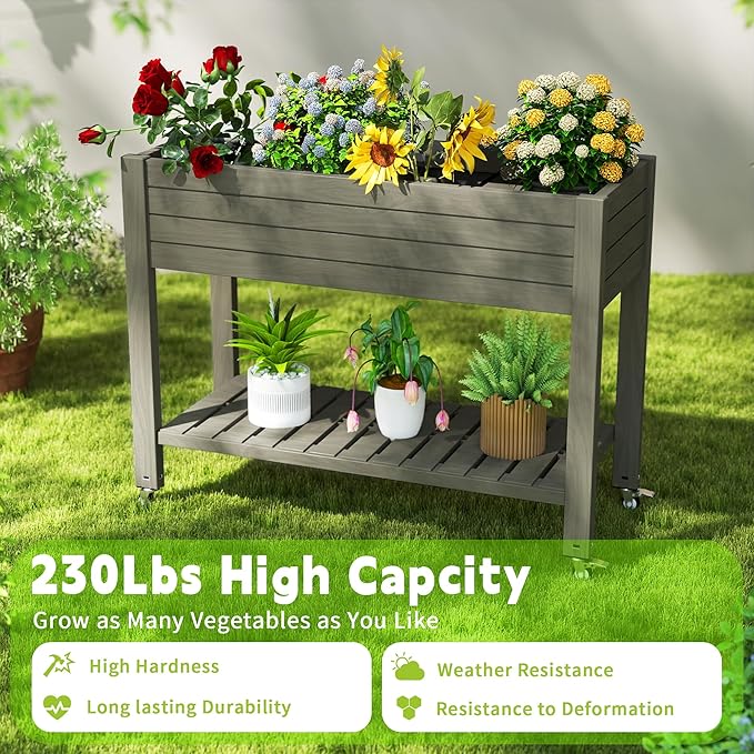 Elevated Raised Garden Bed with Wheels,Outdoor Large Resin Patio Planter Box Stand Divisible with Drain Plug,Water Monitor for Plants Vegetables Flowers Fruits(Grey,43.31 * 17.72 * 33.66)