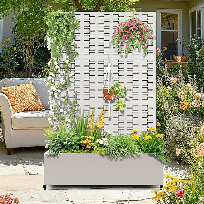 Metal Raised Garden Bed with Trellis, 2-in-1 Planter Box & Privacy Screen for Climbing Plants, Outdoor Standing Flower Bed with Drainage Holes, 47.2" L x 16.7" W x 70.8" H, White-Brick