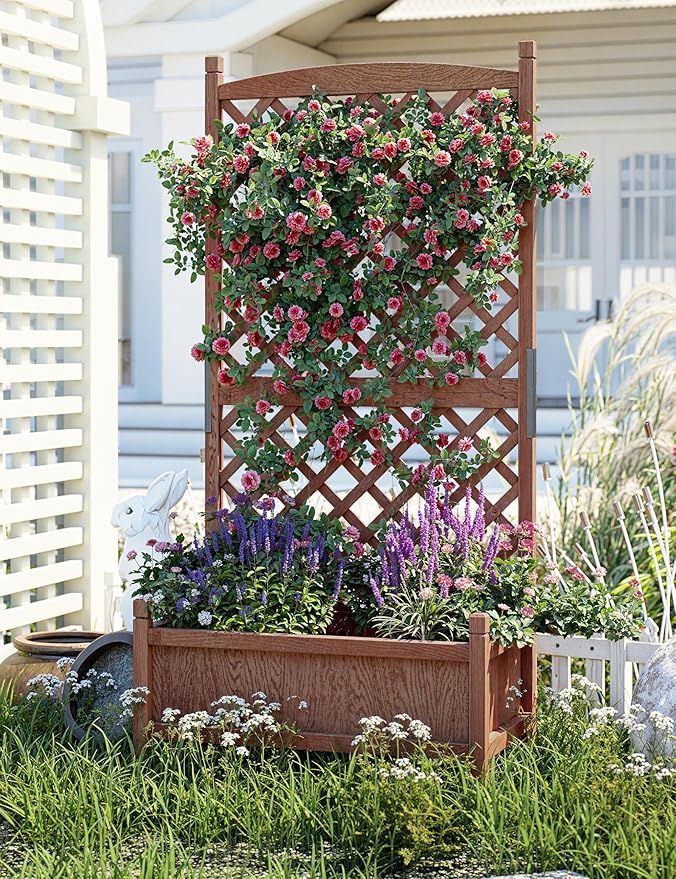 29.5"x13"x61.5" Large Wooden Raised Garden Bed with Trellis & Adjustable Wheels - Planter Box with Drainage Holes for Herbs, Flowers - Portable Indoor/Outdoor Use, 1 PC
