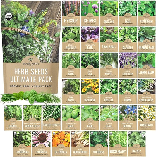 Organic Herb Seeds Variety Pack - 35 Individual Packs - 2026 Season - Basil, Cilantro, Dill, Thyme, Parsley and More! for Indoor & Outdoor Planting (Non-GMO, Certified Organic)