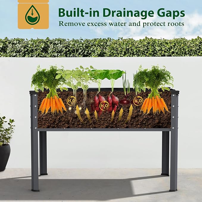 MUPATER Galvanized Steel Raised Garden Bed with Legs, 48" L x 24" W x 32" H Large Metal Elevated Raised Planter Box with Detachable Black Liner for Backyard, Garden, Balcony, Gray