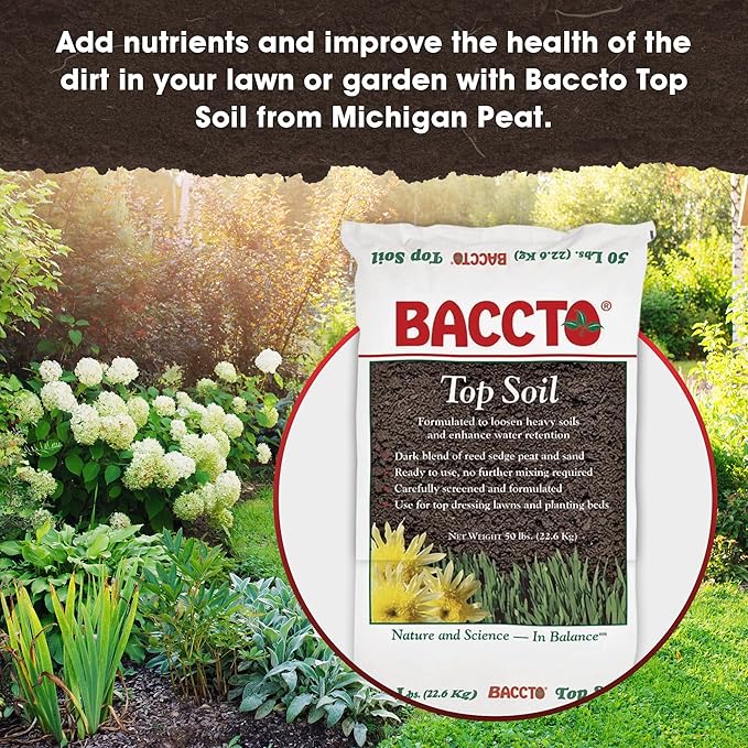 Michigan Peat Company Baccto Top Soil for Lawns, Patchworks, Gardens, Planting Beds, and Shrub and Tree Transplant Mixtures, 50 Pound Bag, 50 Pack