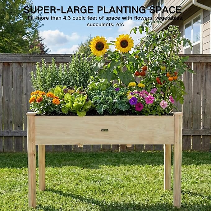 48x24x30in Raised Garden Bed,Wooden Raised Garden Beds Outdoor,Elevated Reinforced Planter Box with Legs for Backyard/Patio/Gardener with Bed Liner,210lb Capacity - Natural