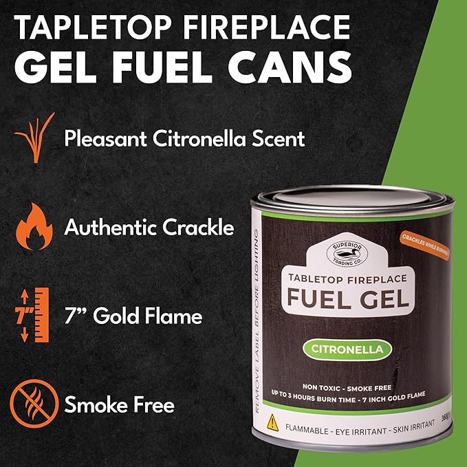 Superior Trading Co. Citronella Gel Fuel Cans, Clean-Burning Bioethanol, Smoke-Free, Fresh Scent 3-Hour Burn, Indoor & Outdoor Safe, 368g, 6 Pack