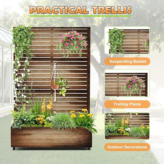 Metal Raised Garden Bed with Trellis, 2-in-1 Planter Box & Privacy Screen for Climbing Plants, Outdoor Standing Flower Bed with Drainage Holes, 47.2" L x 16.7" W x 70.8" H, Vintage Wood Grain