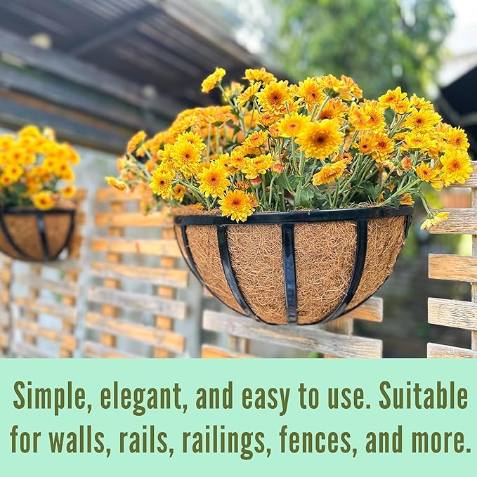 LalaGreen Wall Planters (2 Pack, 16 Inch) Black Metal Deck Railing Planter Boxes with Coco Liners, Window Flower Box for Outdoor Plants, Modern Horse Trough Fence, Balcony, Herb Patio Porch Over Rail