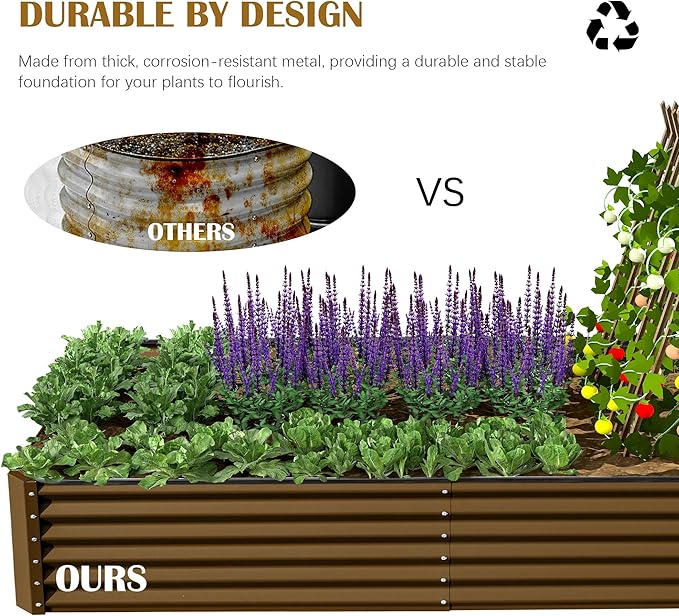Domi 6x3x1.5ft Metal Raised Garden Beds Outdoor, Thickened Galvanized Steel Deep Root Planter Box with Stabilizing Bars & Rubber Edging for Vegetables, Flowers, Herbs - Brown
