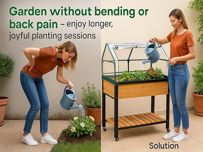 GOJ Raised Garden Bed Wood 48x24x32 inch with Greenhouse & Lockable Wheels - Elevated Wood Planter Box for Outdoors Vegetable Flower Bed Herb Planter - 400 lbs Capacity