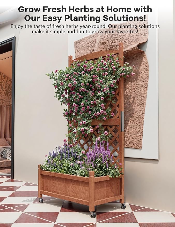 29.5"x26"x61.5" Large Wooden Raised Garden Bed with Trellis & Adjustable Wheels - Planter Box with Drainage Holes for Herbs, Flowers - Portable Indoor/Outdoor Use, 1 PC