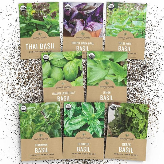 Organic Basil Seeds Variety Pack - 8 Individual Packs - 2026 Season - Genovese, Thai, Lemon, Greek, Cinnamon and More! for Indoor & Outdoor Planting (Non-GMO, Certified Organic)