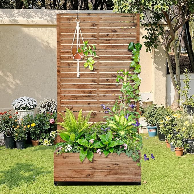 Metal Raised Garden Bed with Trellis, 2-in-1 Planter Box & Privacy Screen for Climbing Plants, Outdoor Standing Flower Bed with Drainage Holes, 35.4" L x 15.7" W x 70.1" H, Natural Wood Grain
