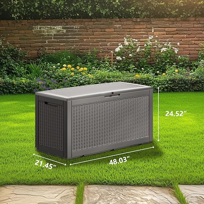 100GAL - Grey，Resin Deck Box，Patio Furniture Cushions Garden Boxes，Outdoor,backyard Storage，Shed