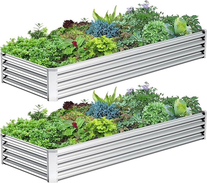 2PCS 8x2x1FT Galvanized Raised Garden Bed Kit,Vegetable Boxes-Rectangle Metal Flower Box,Large Planter Raised Beds Outdoor Garden for Planting,Fruit,Herb-Silver