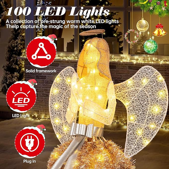Vongrasig 5 FT Christmas Angel Outdoor Lighted Holiday Displays, Pre-lit 3D Outdoor/Indoor Glittered Angel with 100 Warm Lights, Bow, Zip Ties, Stakes for Birthday Party Decoration