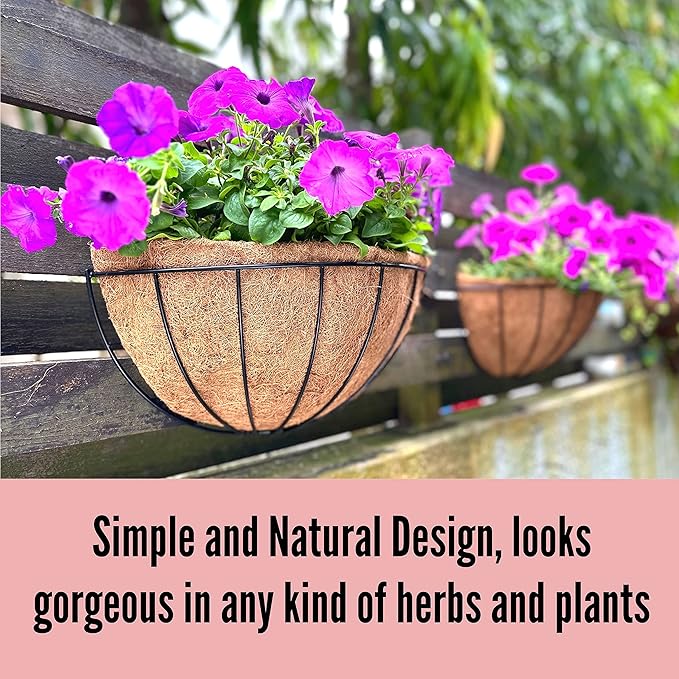 LaLaGreen Wall Planters for Outdoor Plants, 4 Pack, 12 Inch Half Round Plant Holder with Coco Liner, Metal Wire Flower Herb Baskets Window Boxes Outside Fence Railing Pots Deck Porch Balcony Garden