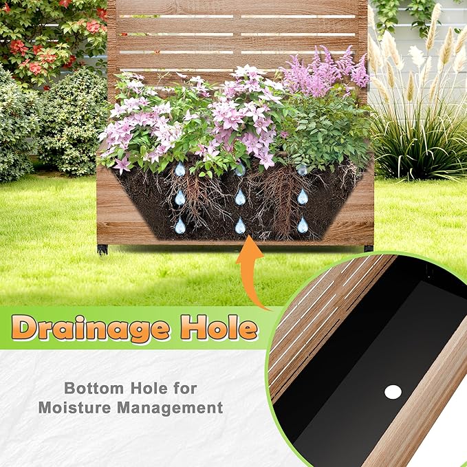 Metal Raised Garden Bed with Trellis, 2-in-1 Planter Box & Privacy Screen for Climbing Plants, Outdoor Standing Flower Bed with Drainage Holes, 35.4" L x 15.7" W x 70.1" H, Cut Oak Grain