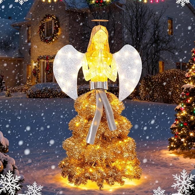 Large Lighted Angel Outdoor Statue for Yard & Garden, Weatherproof LED Decorative Angel for Patio, Lawn & Holiday-Style Outdoor Decor, Gold