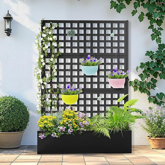 Metal Raised Garden Bed with Trellis, 2 in 1 Trellis with Planter Box & Privacy Screen for Climbing Plants, Vine, Outdoor Standing Flower Beds with Drainage Holes, 47.2" L x 16.7" W x 70.8" H, Black