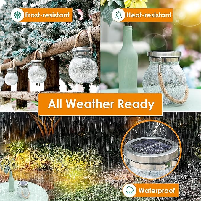 Cooo Christmas Gifts 6 Pack Solar Lanterns Waterproof Outdoor Heavy Crackle Glass 30 LED Warm Firefly Lights Stainless Steel Lid 215% Solar for Women Mom Grandma Outdoor Table Lamps Garden Yard Decor