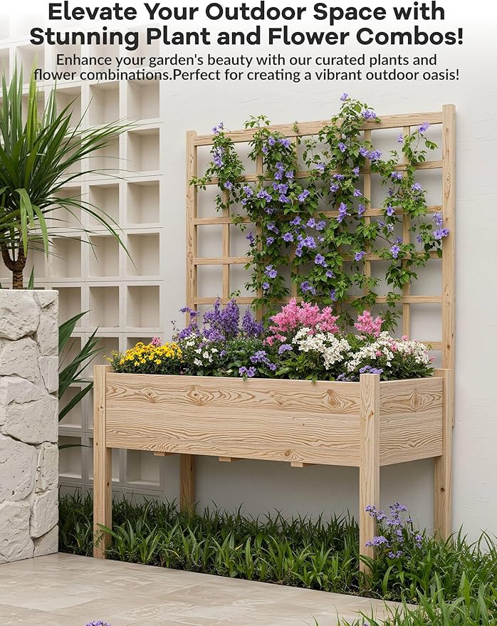 GarveeLife Raised Garden Bed with Trellis, Wood Elevated Planter Box Stand with Leg and Black Planter Liner, Standing Raised Planter Box for Climbing Flower Vegetable Herb