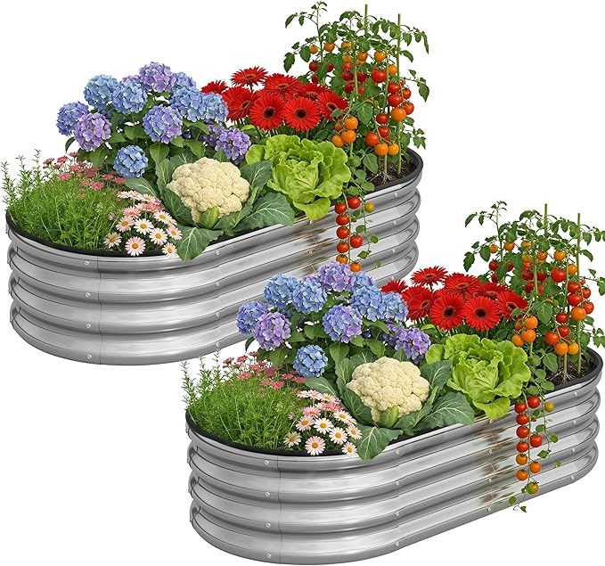 Galvanized Metal Raised Garden Bed Kit for Outdoor Planter Boxes with Easy Assembly,4x2x1ft-2PCS Oval Large Galvanized Gardening Raised Bed for Vegetables, Fruits, Flower (Silver, 4*2*1ft-2P)