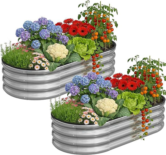 Galvanized Metal Raised Garden Bed Kit for Outdoor Planter Boxes with Easy Assembly,4x2x1ft-2PCS Oval Large Galvanized Gardening Raised Bed for Vegetables, Fruits, Flower (Silver, 4*2*1ft-2P)