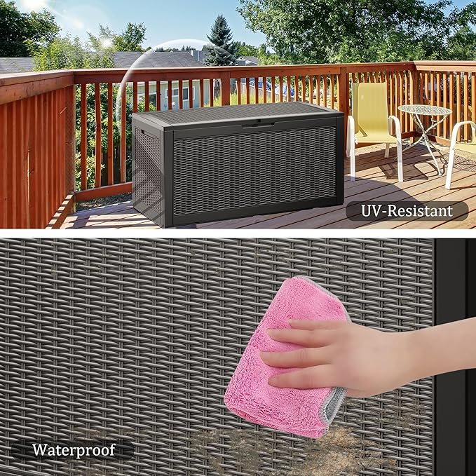 100GAL - Grey，Resin Deck Box，Patio Furniture Cushions Garden Boxes，Outdoor,backyard Storage，Shed