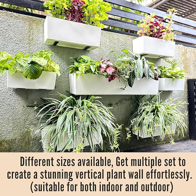 LaLaGreen Wall Hanging Planter Outdoor (20 Inch, 4 Pack) Wall Mounted Self Watering System Window Boxes with Bracket, White Rectangular Plant Pot Flower Box Container Indoor Modern Herb Kitchen Decor